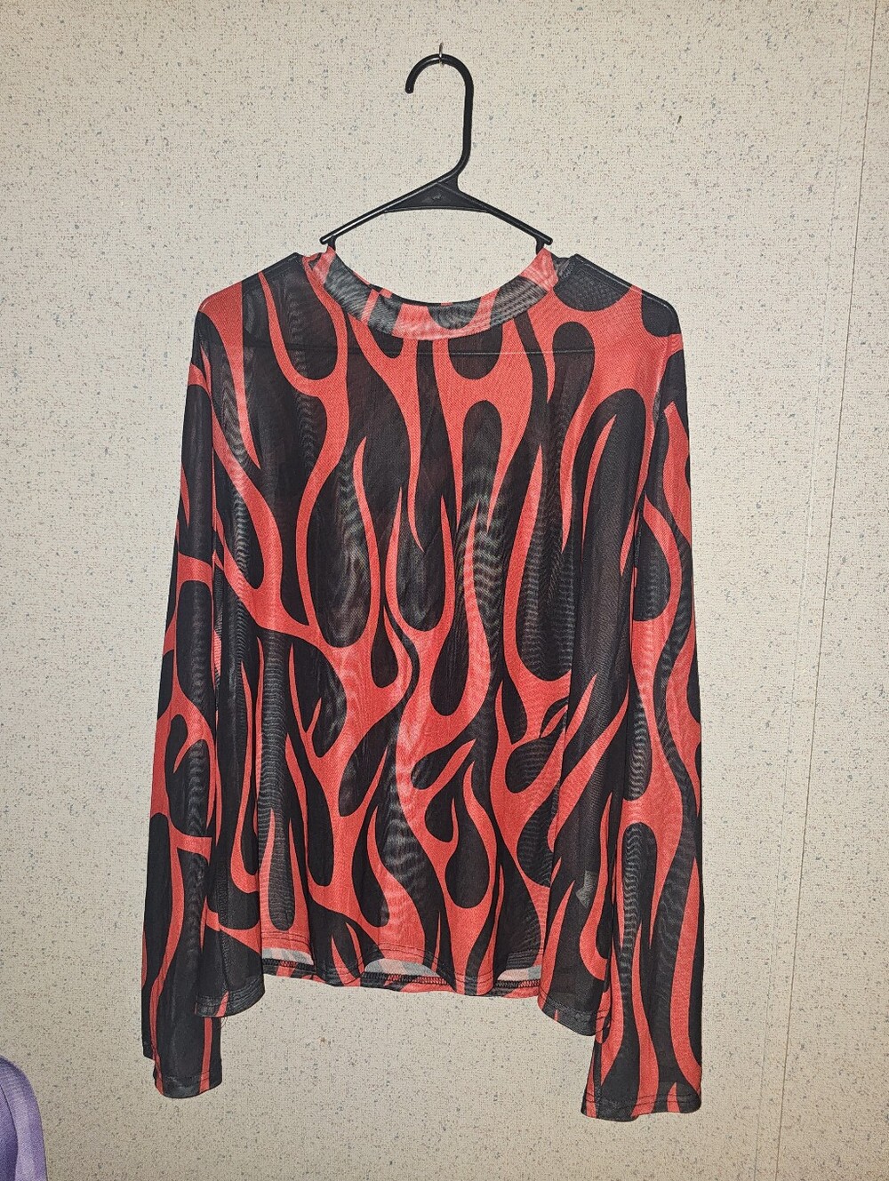 Red & Black Flame Print Long Sleeve Sheer Top